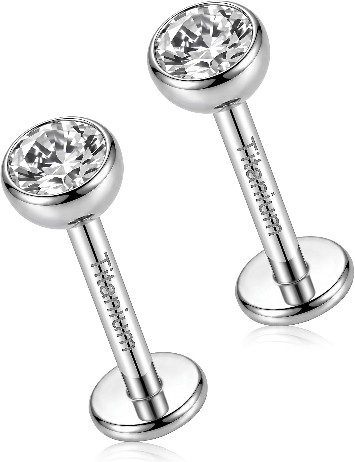 2Pcs 18G Implant Grade Titanium Threadless Push Pin Flat Back Studs, Cubic Zirconia Cartilage Piercing Earrings for Men Women