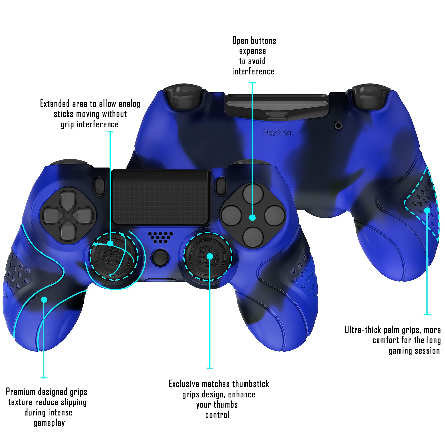PlayVital Silikonowa Obudowa do ps4 Kontroler,Gumowy Ochraniacze z Osłonami Joysticków do ps4 Slim,Antypoślizgowy Protection Case Cover ps4 Pro Controller-Niebieski & Czarny(Guardian Edition)