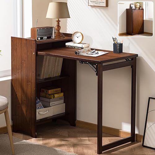 Bamboo Folding Desk with Storage, Space-Saving Foldable Computer Desk for