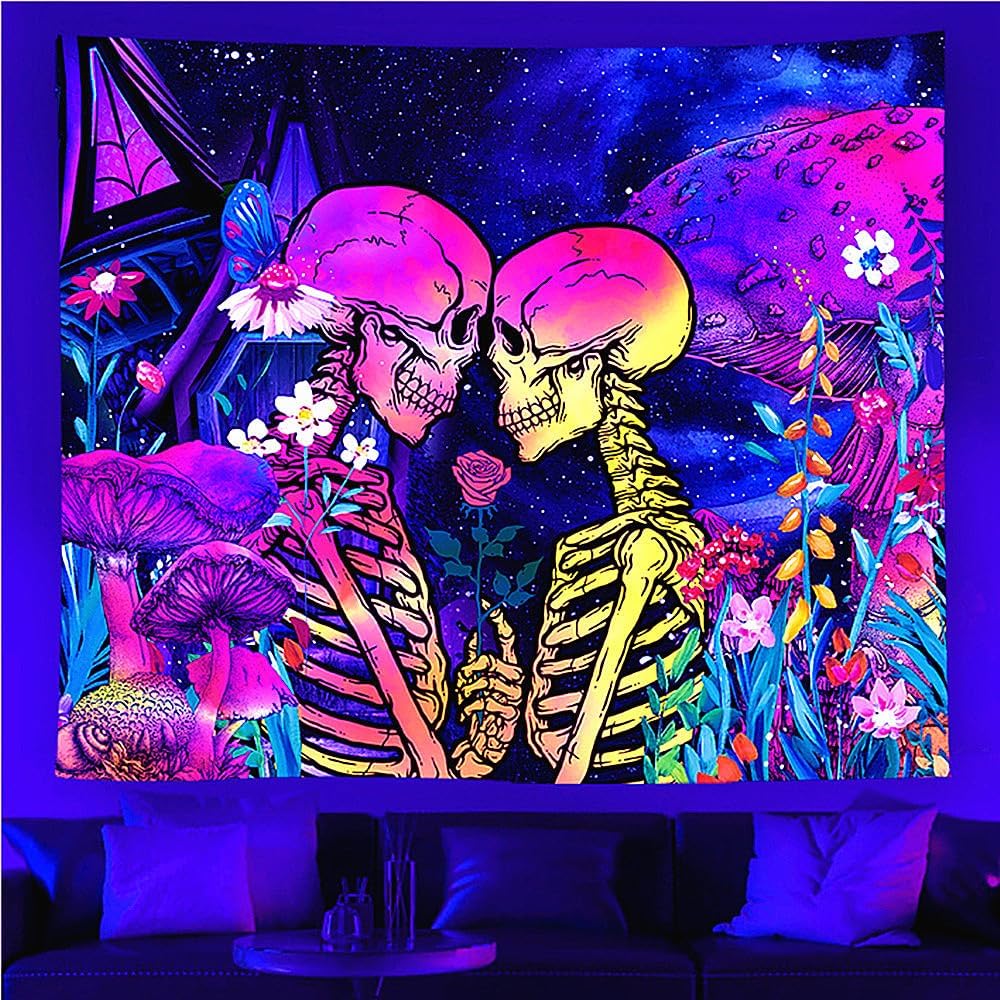 Tapiz De Pared Con Flores Y Calavera Que Brilla En La Oscuridad - Reactivo A Luz UV, Varios Tamaños