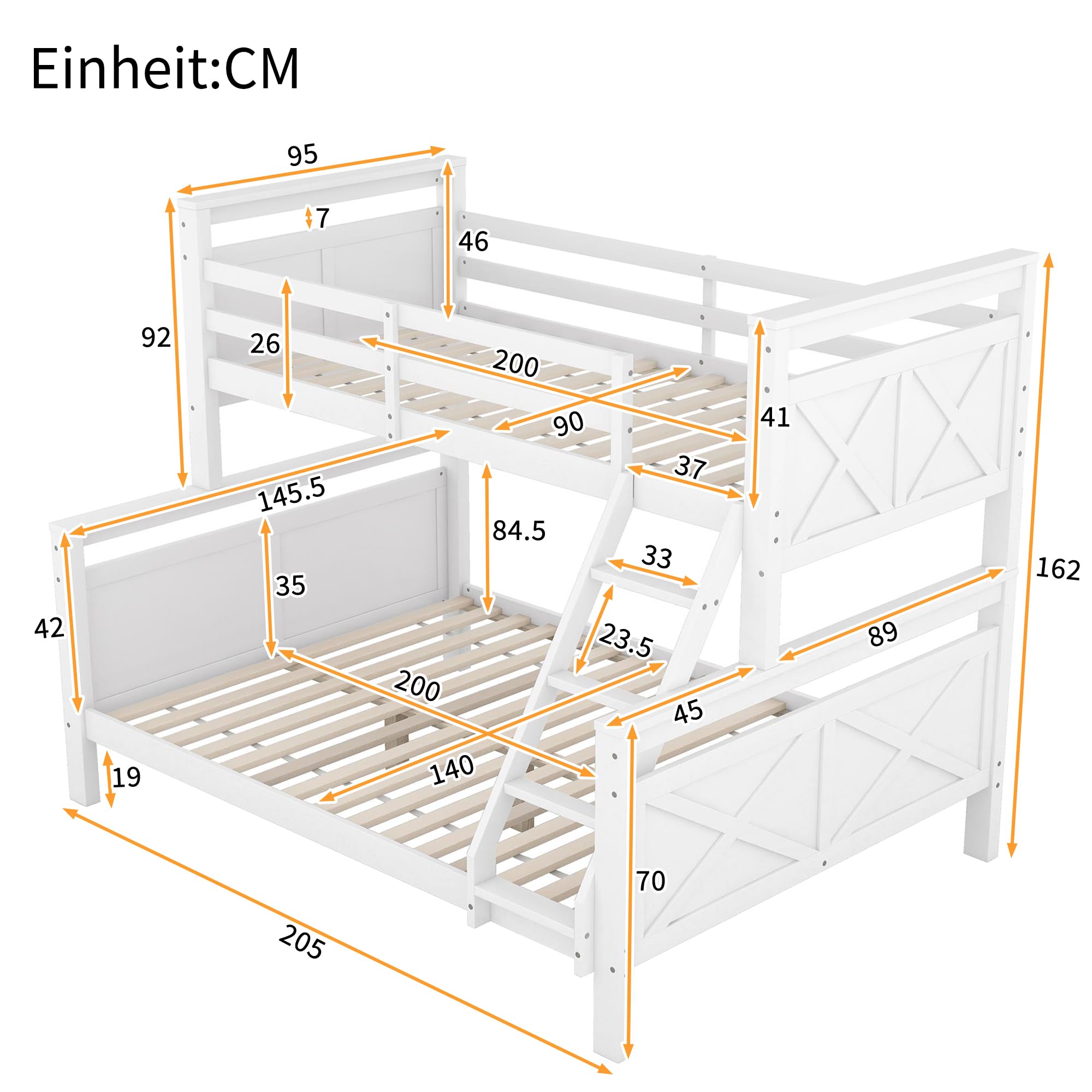 Letto a castello con scala e ringhiera di sicurezza, 90 (140) x 200 cm, trasformabile in 2 letti separati, letto in legno per bambini, ragazzi e adulti, bianco (ETA 7.13)