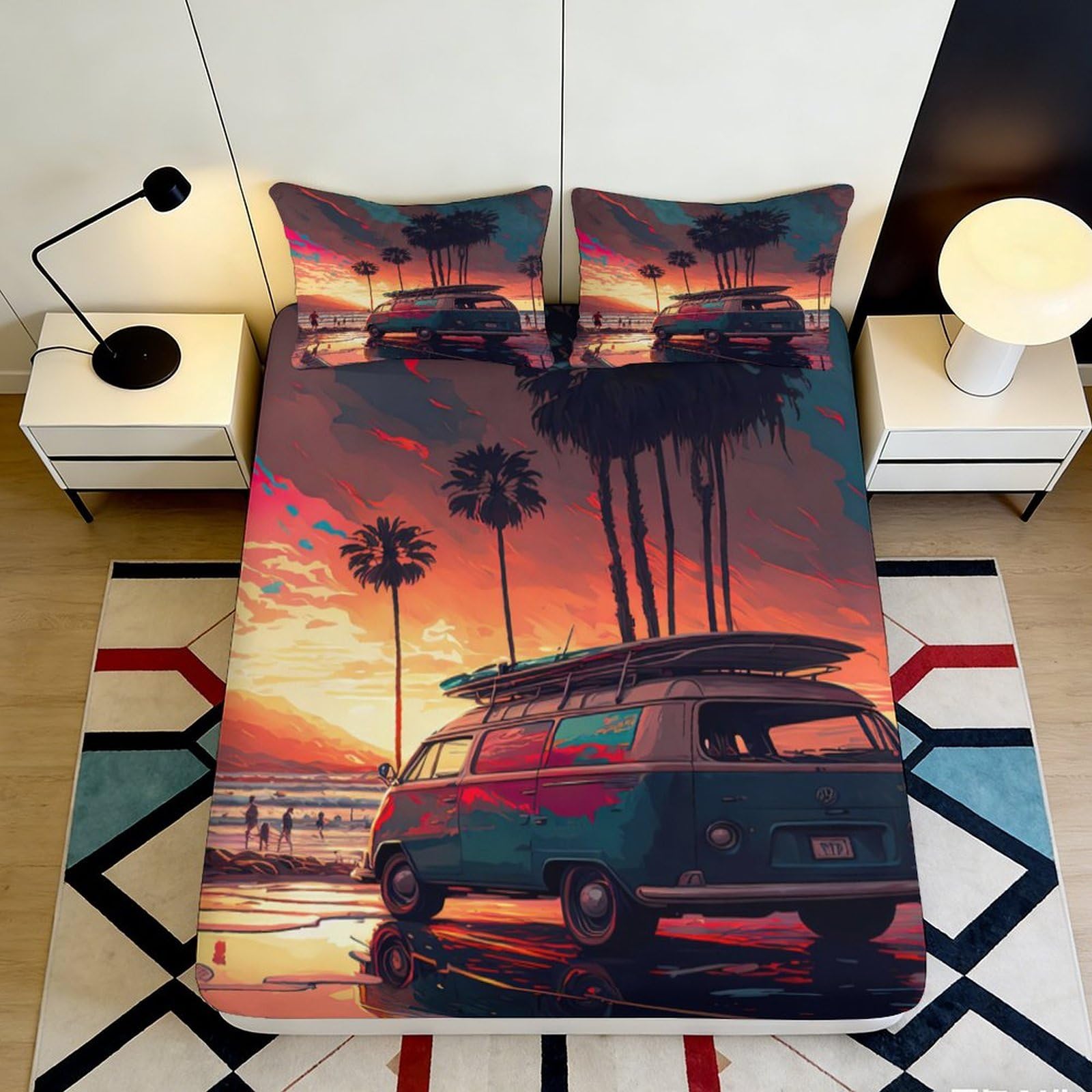 3D Printed Sunset Beach Fitted Sheet Microfiber Palm Van Mattress Cover for Bedroom Guest Room Decor 90x200x25cm
