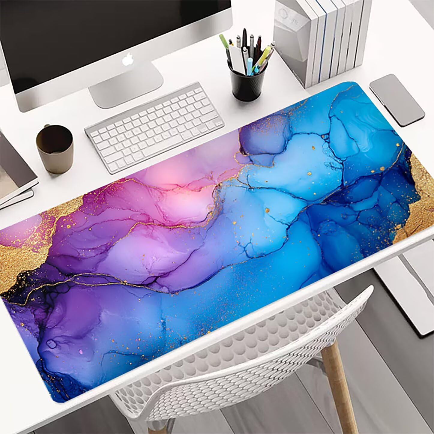 Lpfieonn Rosa Großes Schreibtischunterlage, XXL Schreibtischunterlagen, Blau XXL Wasserdicht Gaming Mousepad mit Vernähter Rand und Rutschfeste Gummibasis, für Laptop/Hause/Büro 120x60cm PF-1901