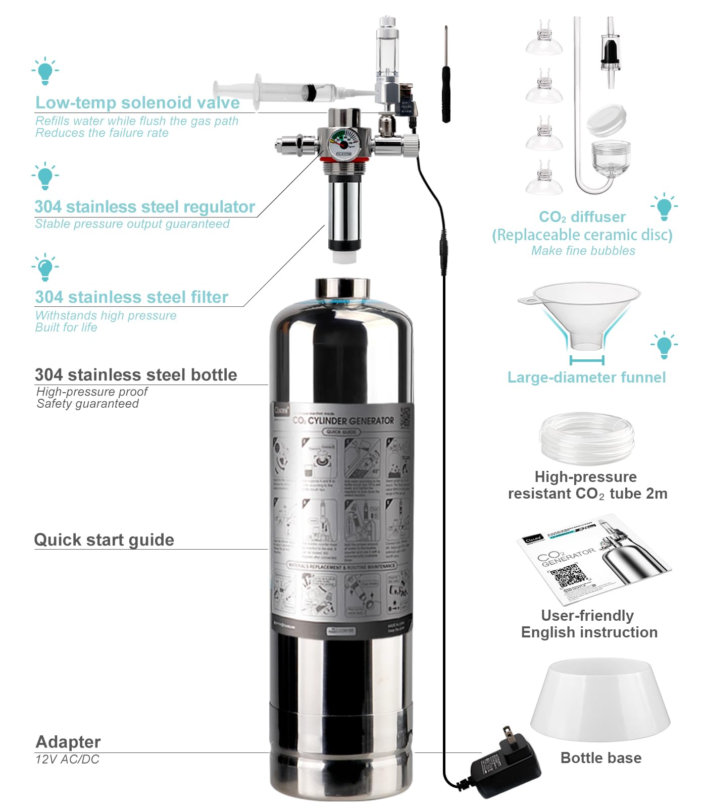 G700S - Kit generador de CO2 para acuario de 2,4 L, doble presión, versión mejorada máxima para materias primas de 400 g + 400 g