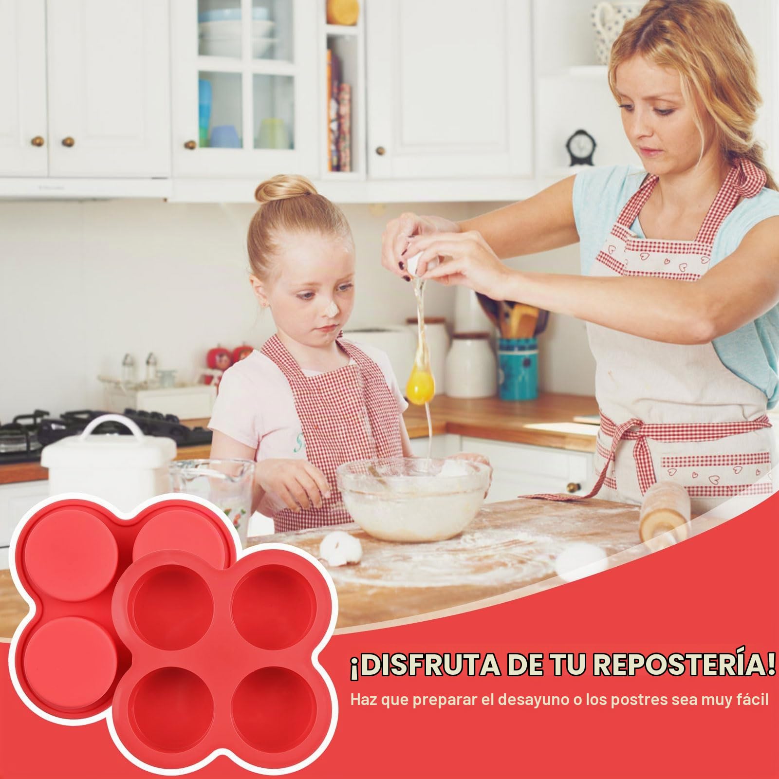 2 Piezas Molde de Silicona con Pincel para Magdalenas, Molde Repostería 4 Cavidades Antiadherente, Molde Cupcake Mini, Sin BPA para Horno, Air Fryer, Lavavajillas (Rojo)