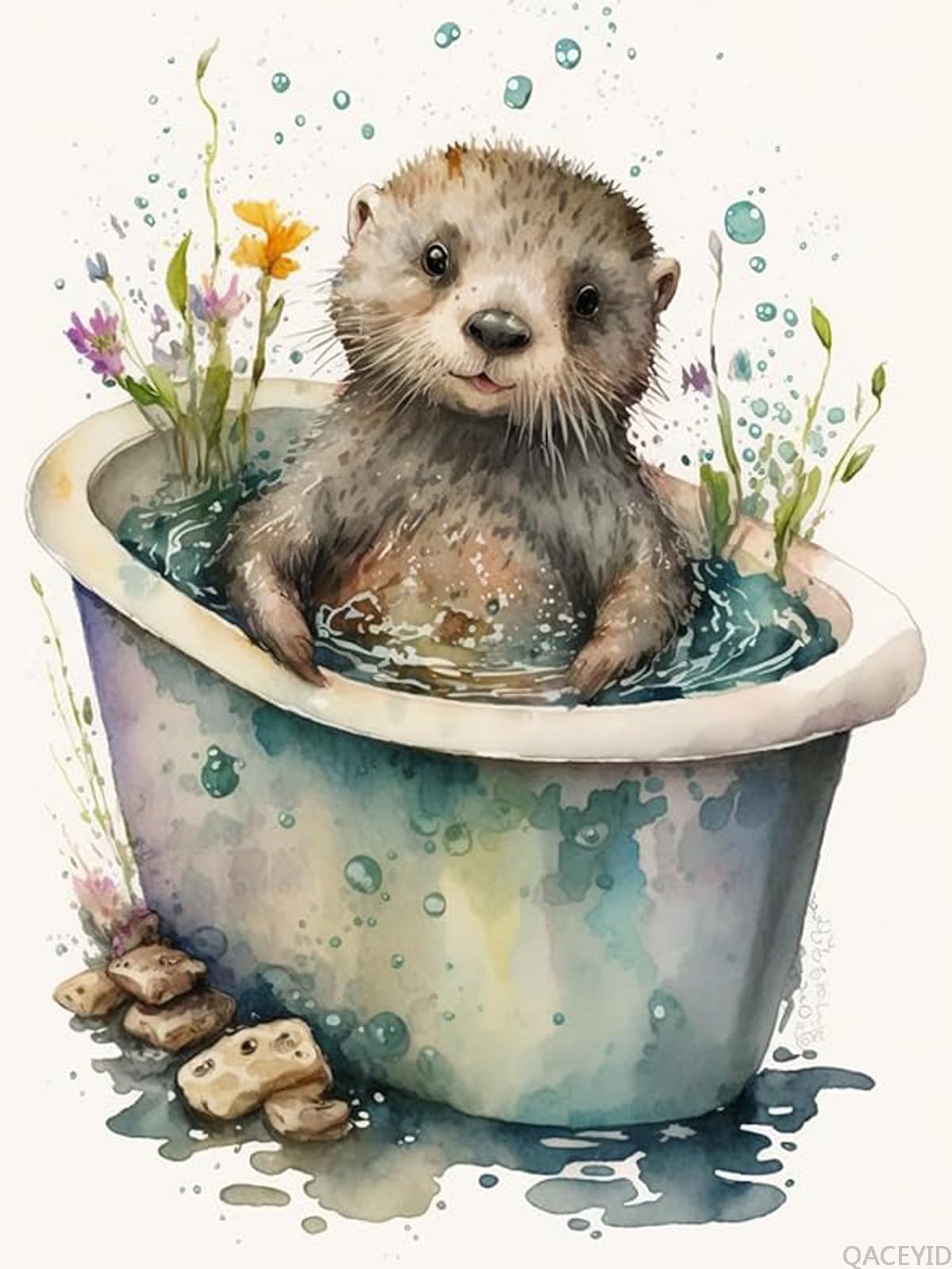 QACEYID Otter in Bathtub Diamond Painting Kits, Diamond Painting Embroidery Watercolor 5D Round Diamond Adult Beginner DIY Art for Room Decor or New