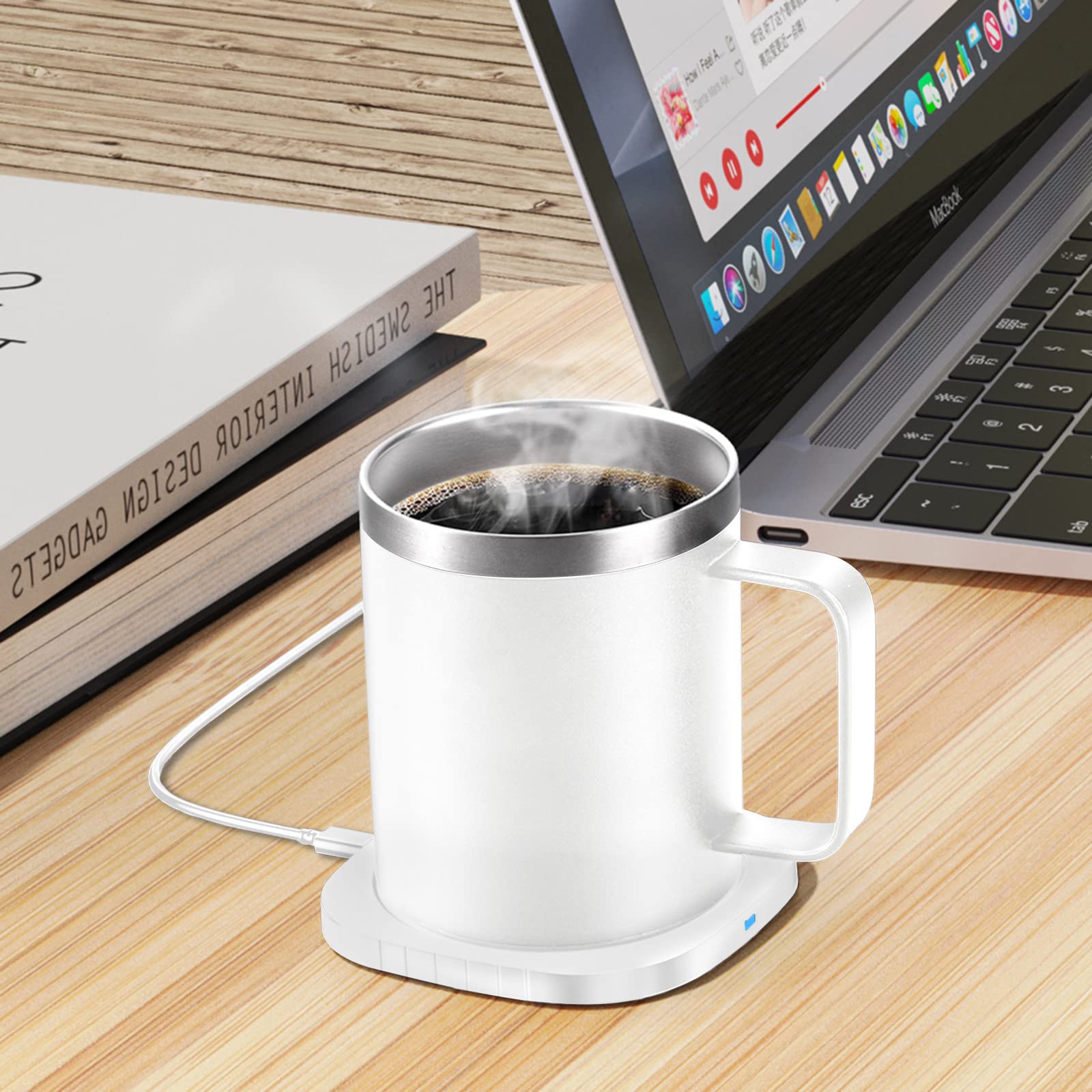 Acero inoxidable calentado taza de café calentador conjunto (blanco)