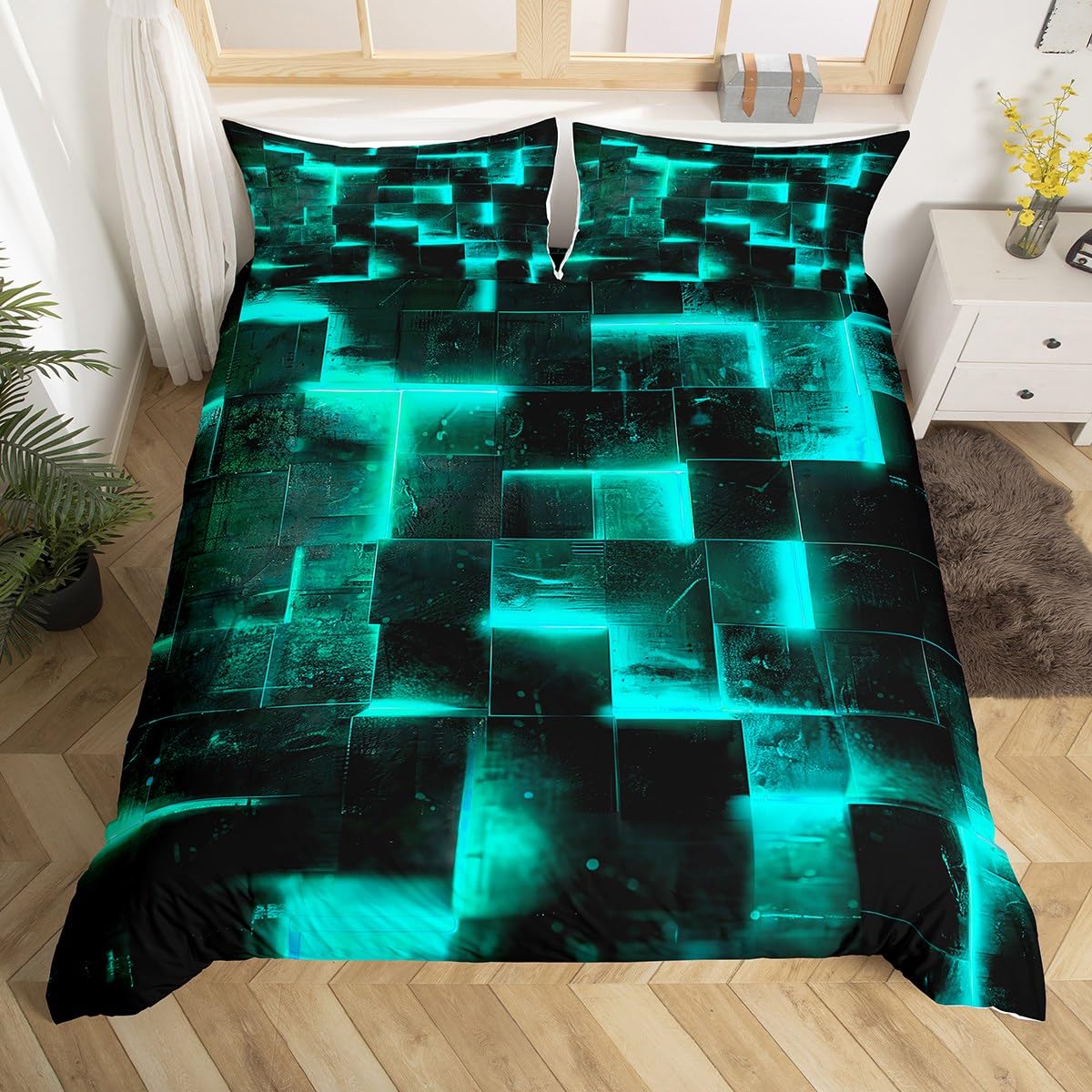 Teal and Black Bed Set 3D Glowing Buffalo Duvet Cover Super King, Modern Abstract Art Super King Bedding Sets Geometric Plaid Comforter Cover, Gradient Futuristic Cubes Bed Set (Black Reversible)