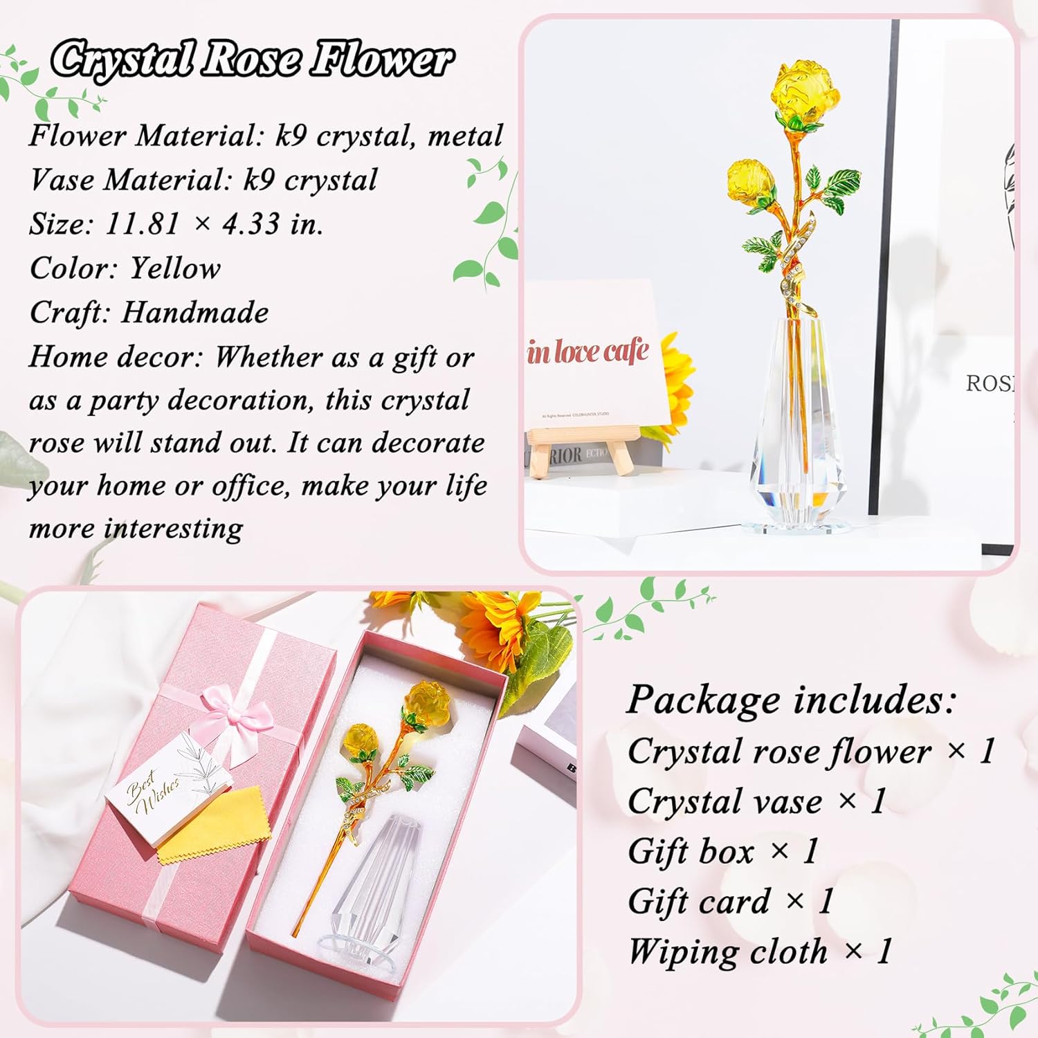 YWHL Handmade Yellow Rose Flower Crystal Figurine with Vase, Bouquet Glass Flowers Ornament Rose Gifts for Women Mom Wife, Crystal Flowers Home Decor for Anniversary Mother's Day Wedding