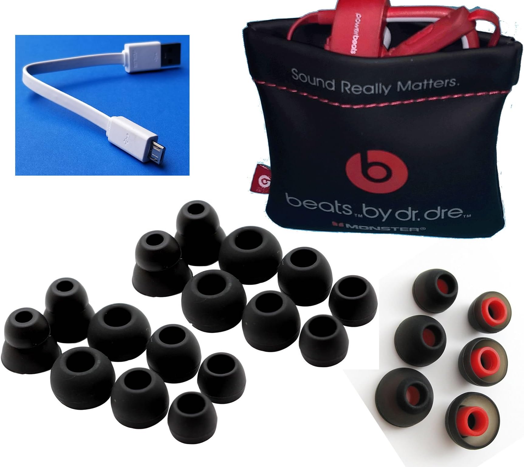 22 pcs. Beats Powerbeats 2 and Powerbeats 3 Replacement Earbuds Eargels Eartips Cushions Black, Black/RED 6S/6M/6L/4Cones, 1 Soft Pocket Pouch, 1 Short Micro USB Charger by BuyGeneral.