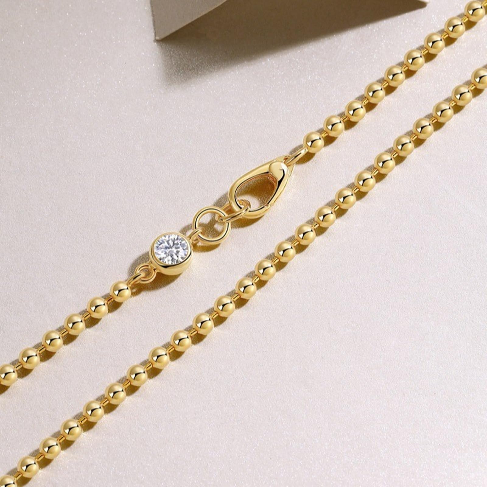 Halskette Gold Lang, Damen Kugelkette mit rundem Moissanit Ketten Anhänger aus Gelbgold, 45cm