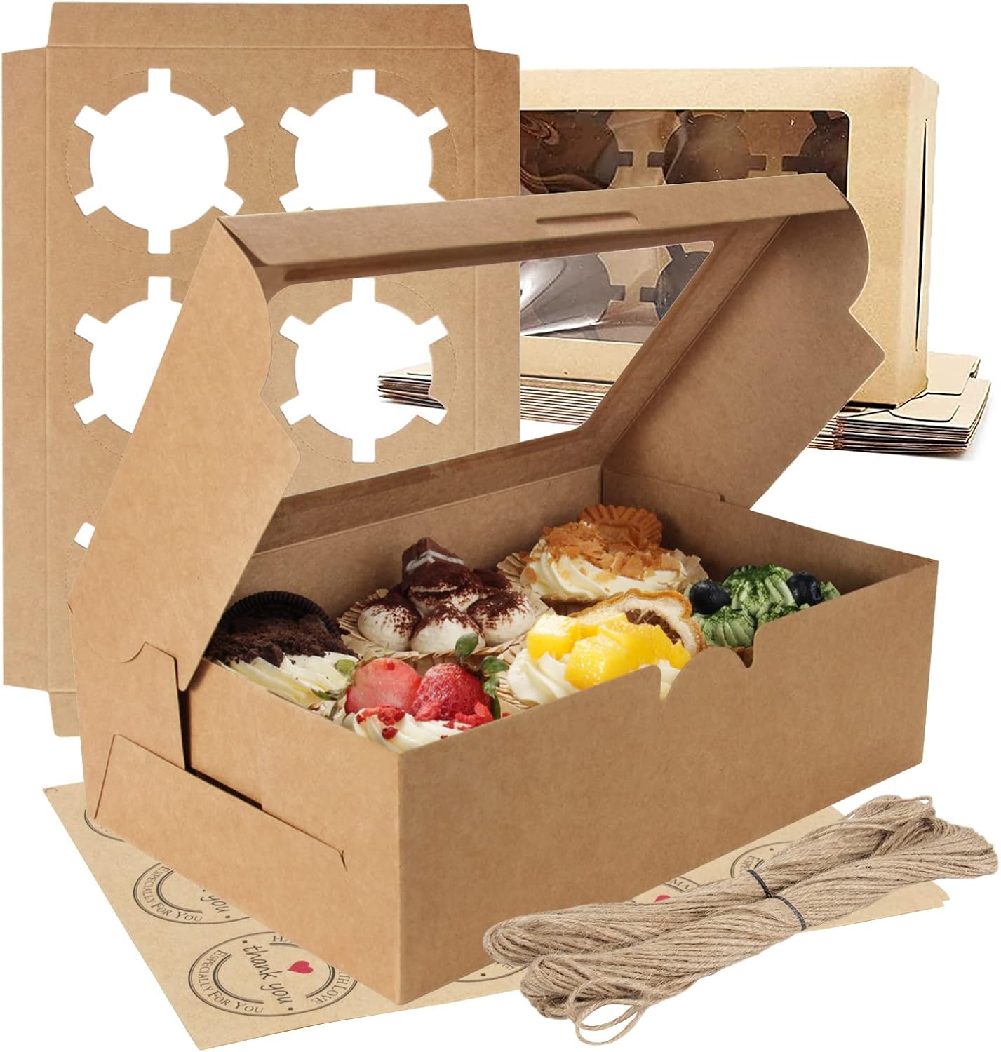 OAMCEG 24 PCS Cupcake Boxes with Window & Insert 9x6x3 Inch Kraft Cupcake Container 6 Cavity Bakery Pastry Dessert Muffin Cookie Treat Boxes, Brown Cupcake Carrier Holders with Stickers & Jute Twine