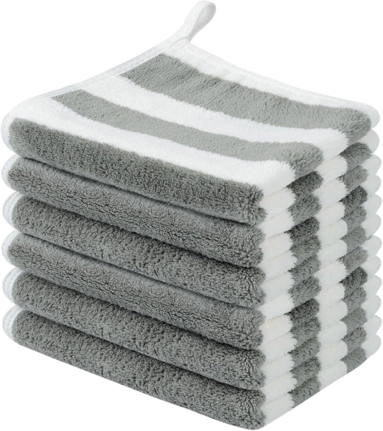 Sinland Microfiber Facial Cloths Fast Drying Washcloth Reusable Makeup Removing Towels Super Soft Facial Cleansing Cloths for Face, Eye, Lips 12 inch x 12 inch Grey Stripes 6 Pack | Absorbent Face Wash Cloth,Soft Makeup Remover Cloths,Face Towel,Reusable Facial Cleansing Cloth for All Skin Types