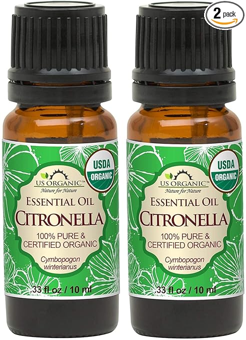 US Organic Citronella Essential Oil, USDA Certified, 100% Pure, 10 ml Pack of 2, Improved caps and droppers - Used for Skin care, Mosquito repellent, DIY Projects like Candle Making and much more