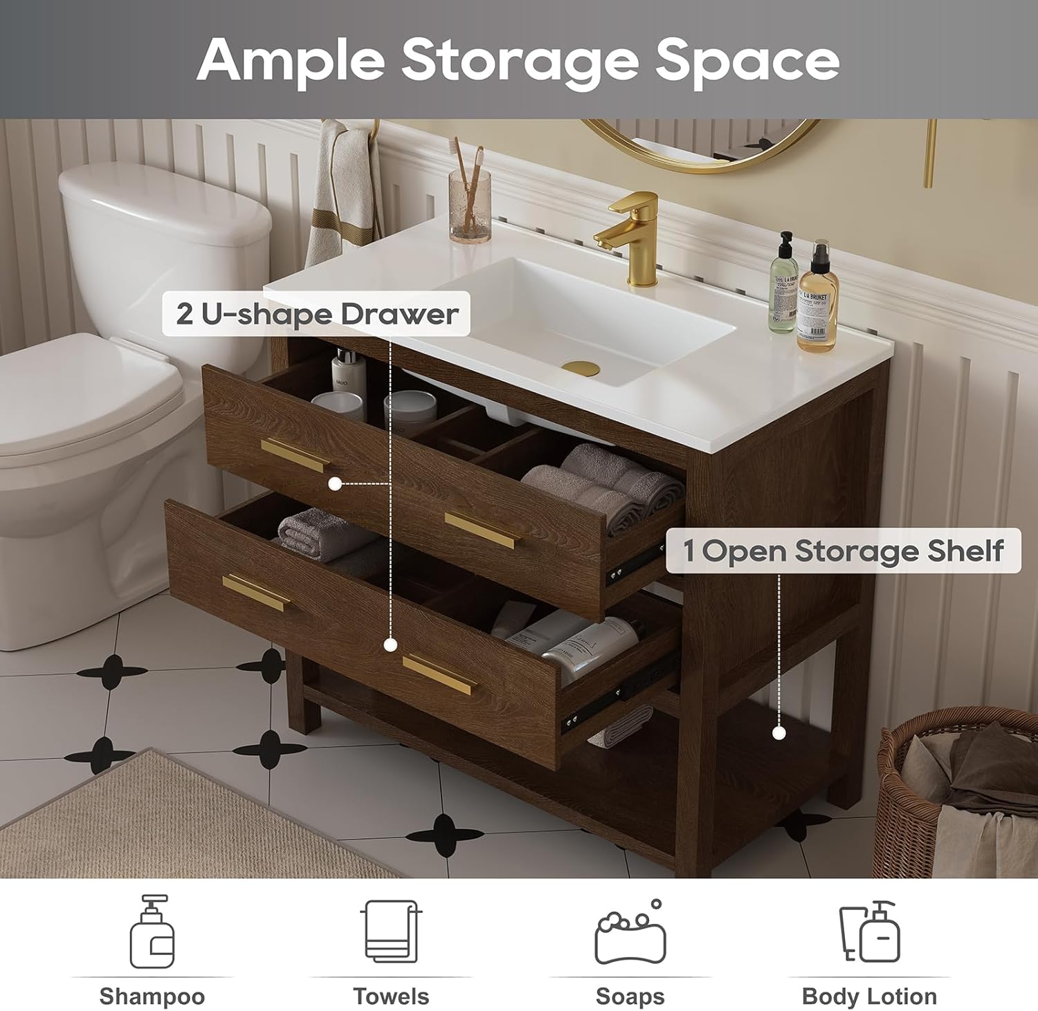 36" Bathroom Vanity with Sink, Farmhouse Cabinet with Single Sink, Storage Venity with Adjustable Feet,Drawers& Easy to Install, Walnut