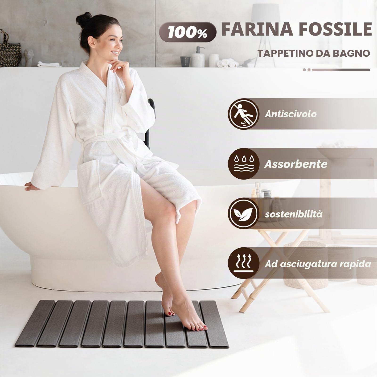 Tappetino da bagno in pietra, 60 x 40 cm, tappetino da bagno in pietra, antiscivolo, assorbe l'acqua (grigio, 60 x 40 cm)