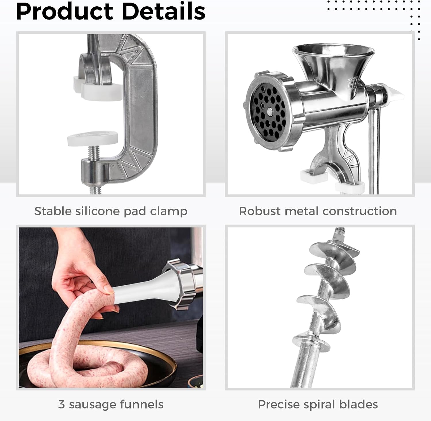 Manual Meat Grinder With 3 Sausage Funnels, Multi-Function Hand-Operated Kitchen Tool For Pork Chili And Sausage, Metal Meat Mincer, Silver