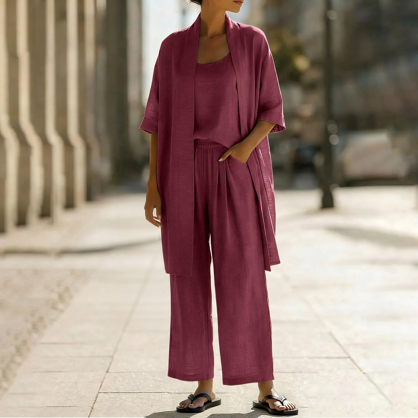 Set da 3 pezzi per il tempo libero estivo in cotone e lino, a maniche corte, cardigan aperto sul davanti, top elastico in vita, pantaloni lunghi casual larghi comodi abiti da viaggio