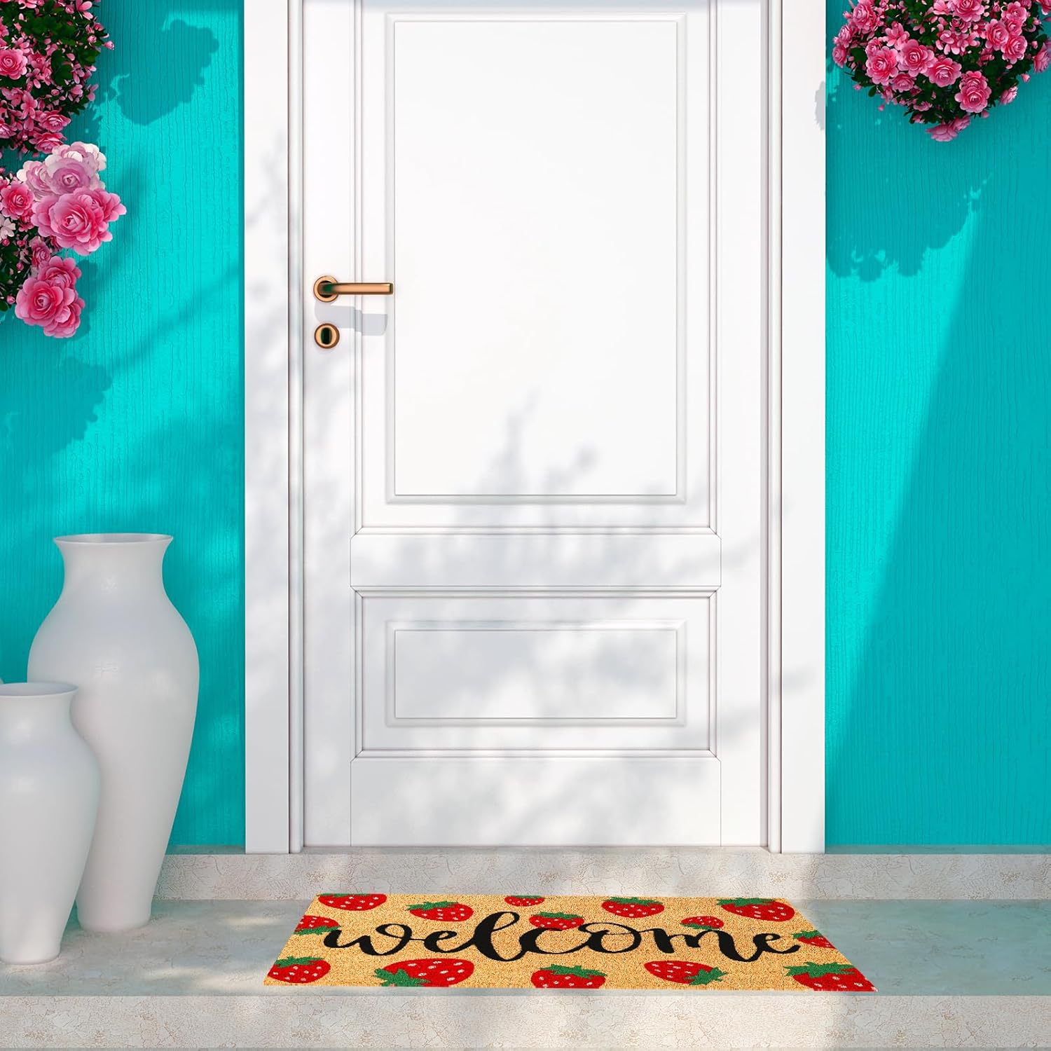 JarThenaAMCS Strawberry Natural Coir Door Mat Cute Summer Strawberry Welcome Floor Mat Non-Slip Entrance Door Rugs for Indoor Outdoor Home Bathroom Decor, 16.5 x 29 Inch