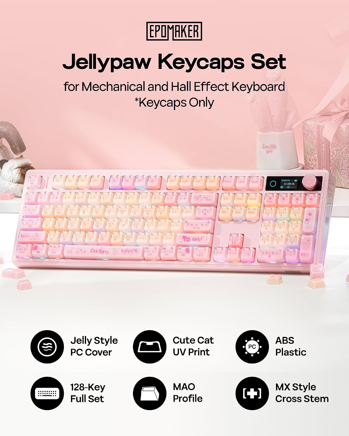 EPOMAKER JellyPaw Keycaps Set, 128-Key Cute Cat Keycaps for Gaming Keyboard