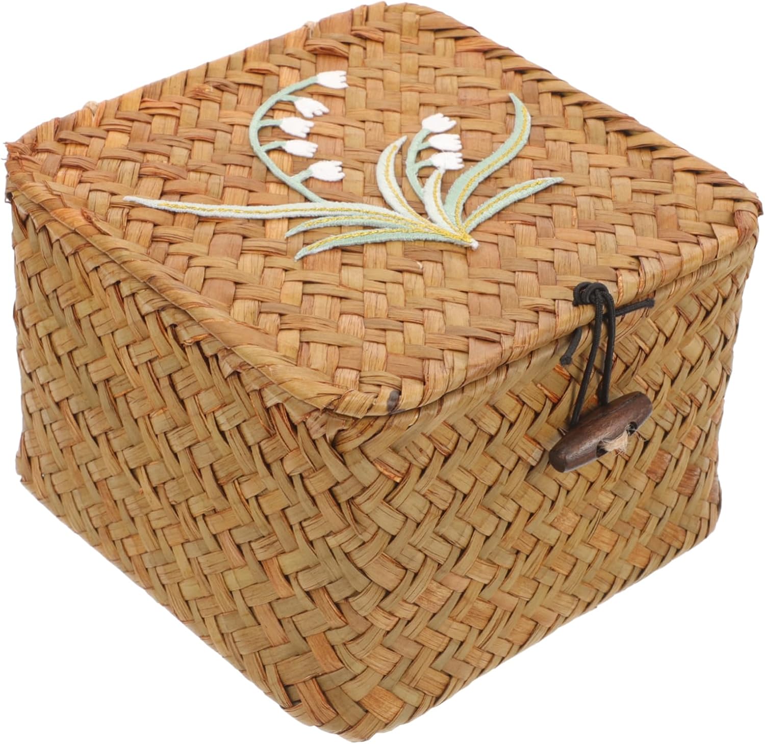 GARVALON Decorative Woven Storage Basket with Lid Small Lightweight Rattan Weaving Box for Household Desktop Makeup Snack Organization