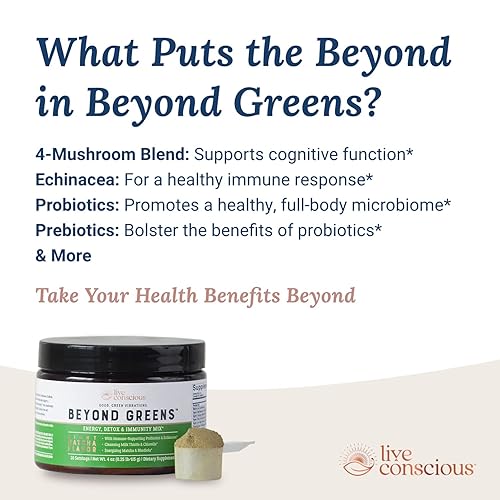 Miniatura 5 de Live Conscious Beyond Greens - Superalimento concentrado en polvo, sabor matcha con clorella, equinácea, probióticos para apoyo inmunológico y