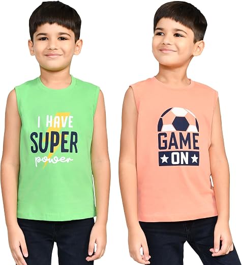 Lux Cozi Printed Round Neck Sleeveless Cotton T-Shirt for Boys | Prints May Vary | Pack of 2 |