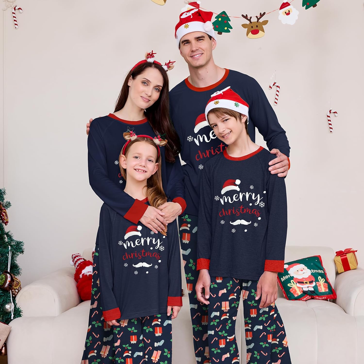 Christmas Family Pajamas Christmas Matching Sets Christmas Hat Print Top and Paild Bottom Pjs - Image 2