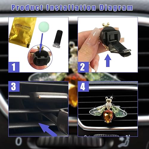 Miniatura 3 de Augeny 2 clips de ventilación con diseño de abeja brillante, bonitos clips de ventilación para ambientadores de automóvil, con diamantes de