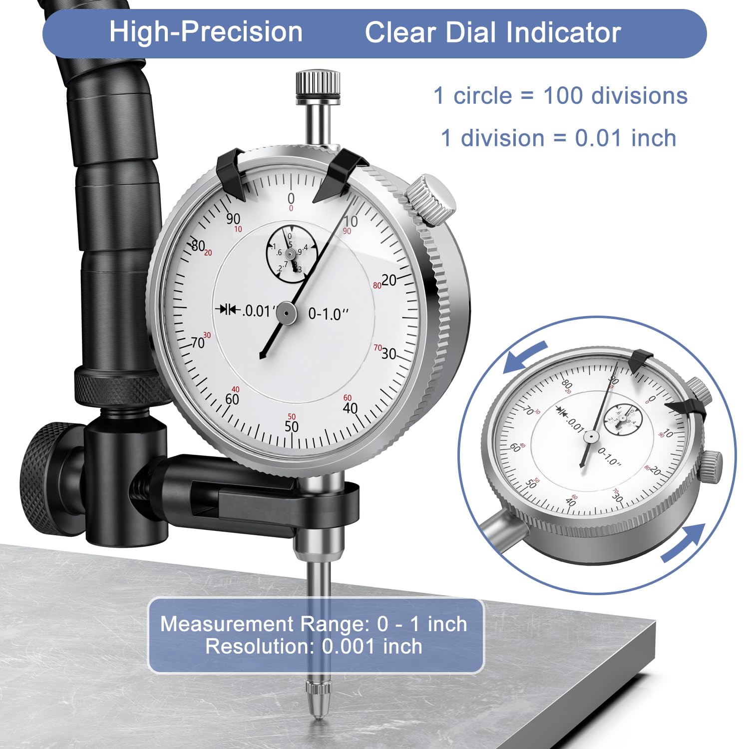 HDLNKAK 2 Pack Dial Indicator 0-1"/0.001" Dial Indicator, Measuring Tool for Lathe, 3D Printing, Workshop, CNC Machine Tool, Table Saw.