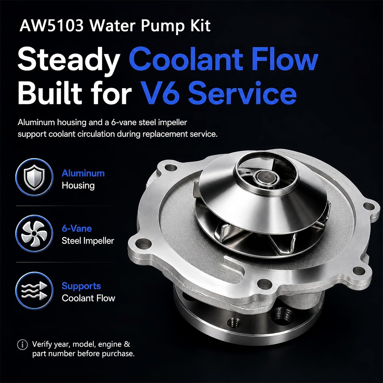 AW5103 Water Pump Kit With Gasket and Hardware,Compatible With Select Chevrolet GMC Buick Cadillac Pontiac Saab Saturn Suzuki 2.8L 3.0L 3.2L 3.6L V6,Replace 252-962 19325605