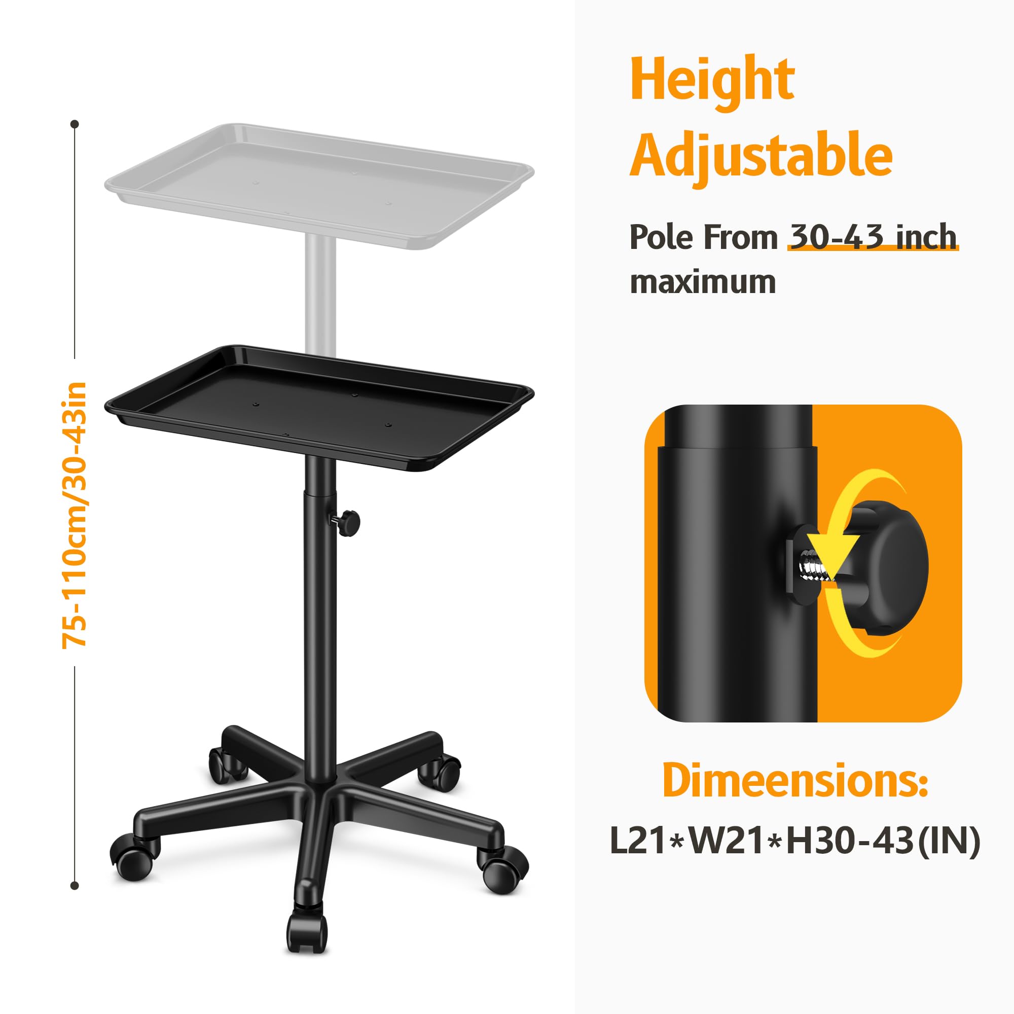 DEER BEAUTY Salon Tray on Wheels - Premium Aluminum Tattoo Tray Rolling Trolley - Adjustable Salon Service Rolling Tray Hairdresser Cart with Clinic Spa Rolling Tray Wheels (): Black