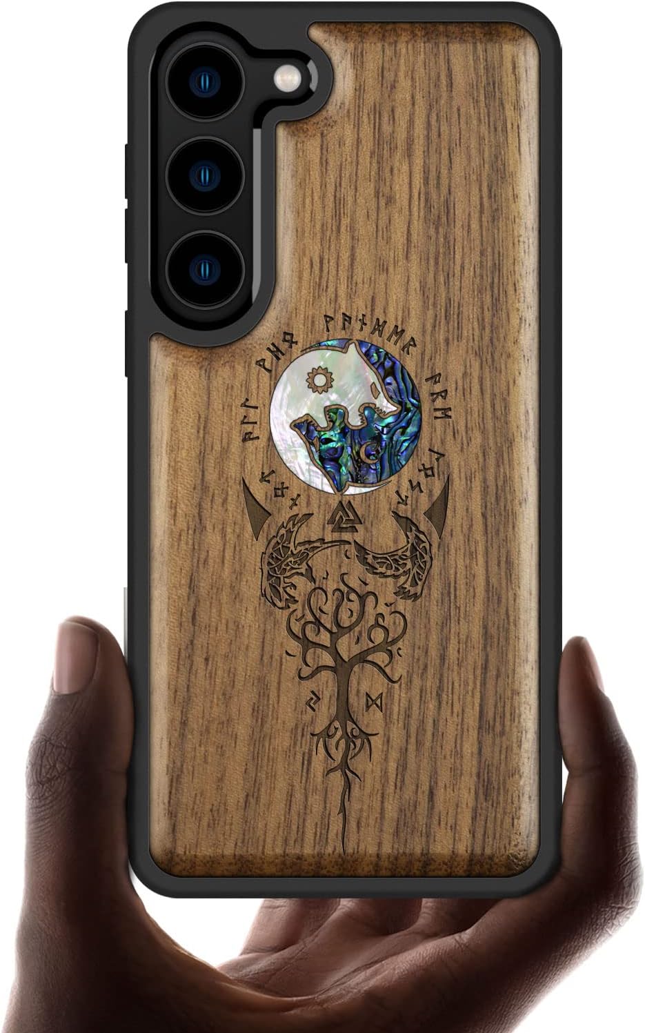 Carveit Designer Wooden Case for Samsung Galaxy S23 Cover [Wood Engraving & Shell Inlay] Unique Wood Phone Case Compatible with Wireless Chargers Galaxy S23 Case (Yin Yang Wolf-Walnut)