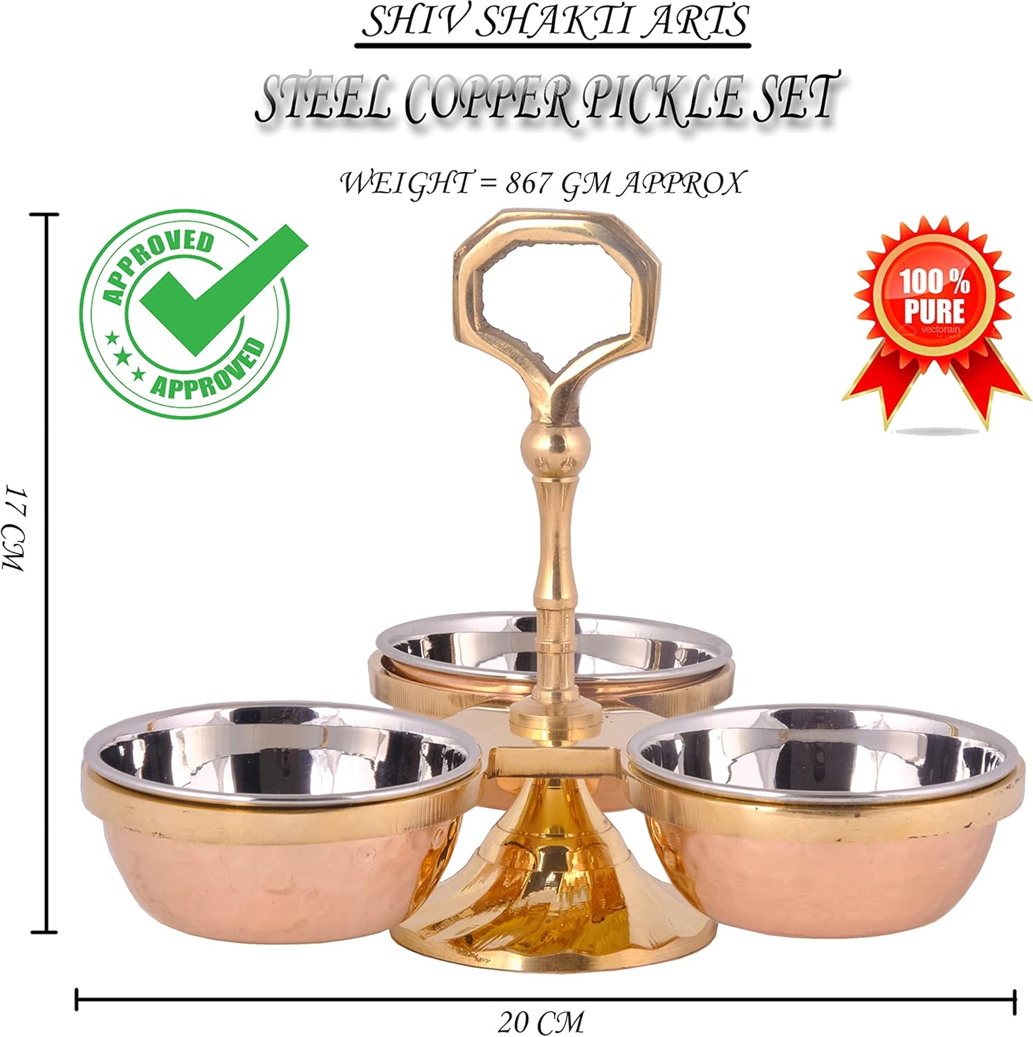 SHIV SHAKTI ARTS® Copper Bowl Set for Pickle with Spoon and Brass Stand for Dining , Restaurant Purpose (Brown,3 Bowls,3 Spoons,1 Stand)
