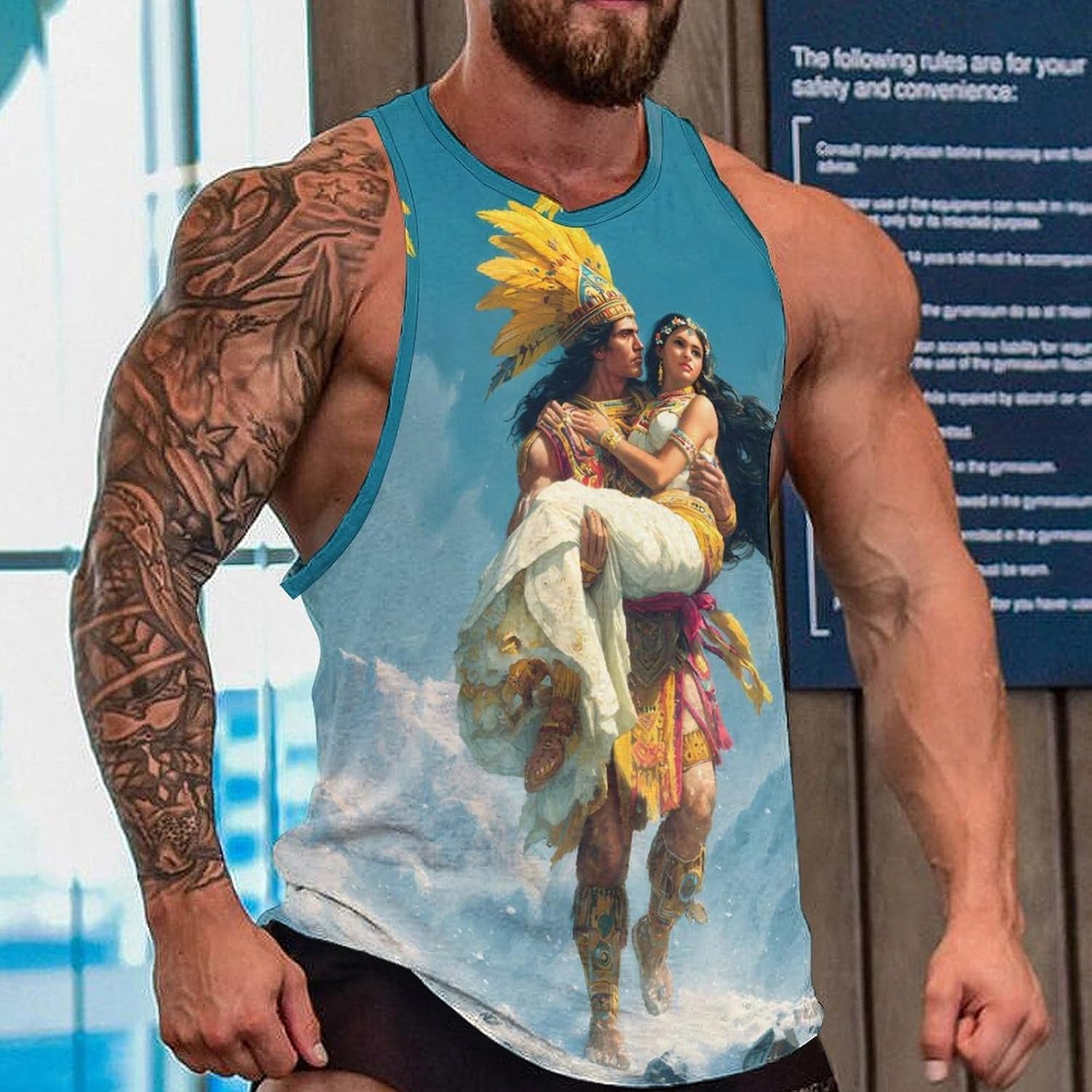 Aztec Warriored Mexican Folk Men's Tank Tops Sleeveless Muscle T-Shirt | Print,Muscle Shirt,for Athletic Running Gym,Workout Shirts,Tee Shirts