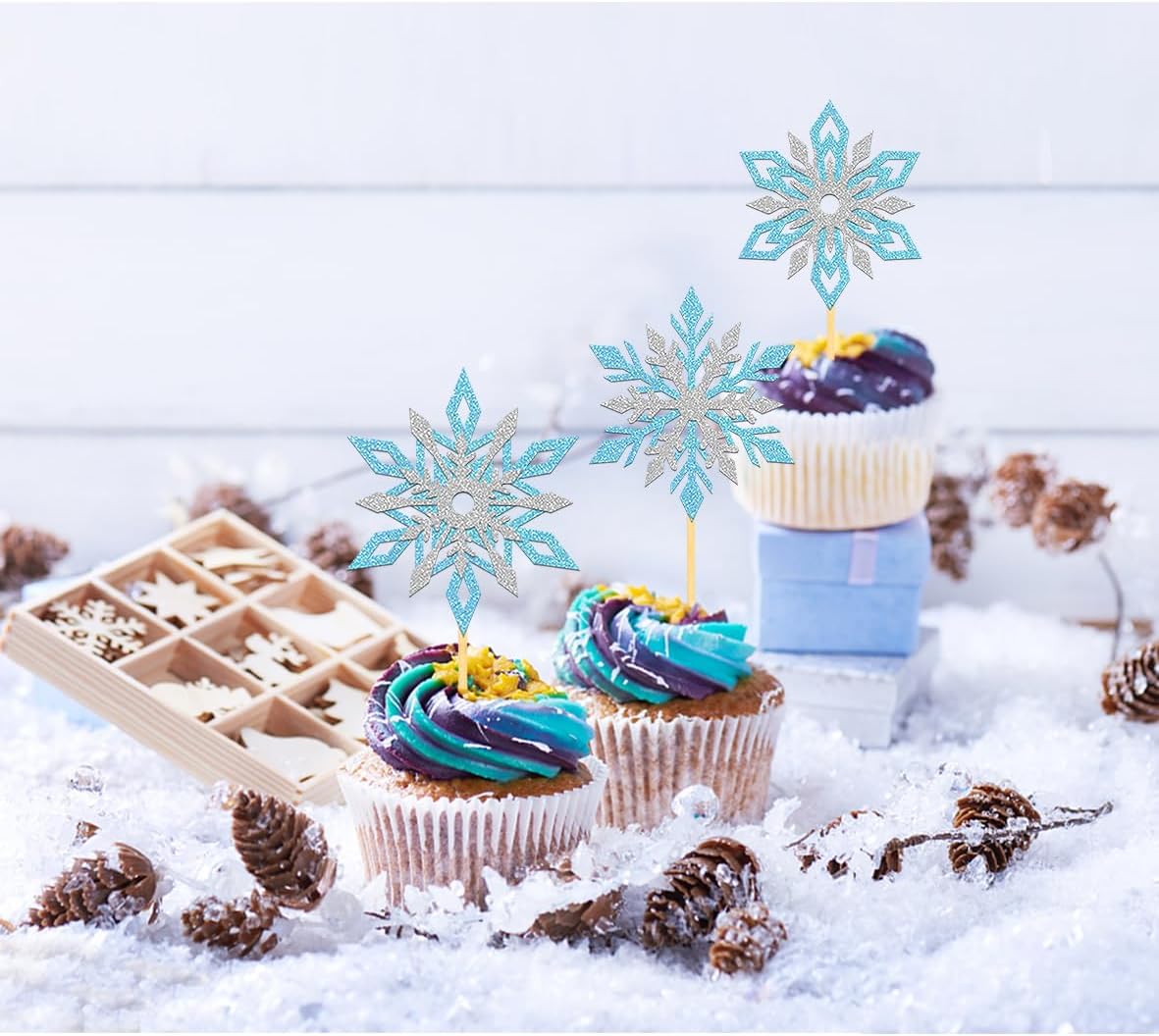 24PCS Glitter Snowflake Cupcake Toppers for Snowflake Decorations, Frozen Snowflake Cake Topper, Christmas Snowflake Cake Picks for Winter Decorations (Mix Blue)