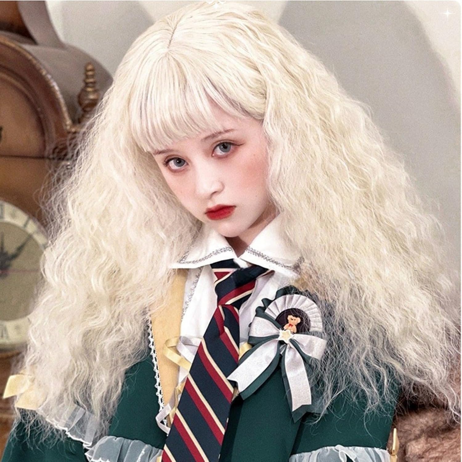 SCORRO Lion Curly Long Wig with Blunt Bangs, Reddish Brown,Black, Platinum, Silver Gray Fluffy Curls Daily Wig Subculture Gothic Witch Halloween Cosplay Lolita Wigs for Women (Platinum)