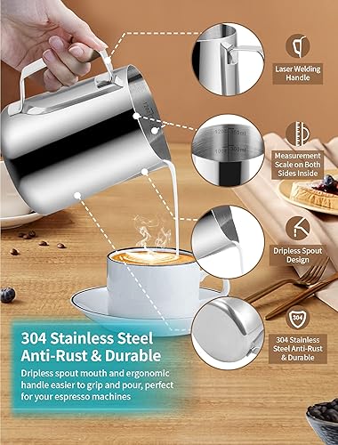 Miniatura 4 de Gevi Jarra espumadora de leche de 12 onzas  11.8fl oz para café con leche, capuchino, arte con distribuidor de café de 2.008in, 16 plantillas de