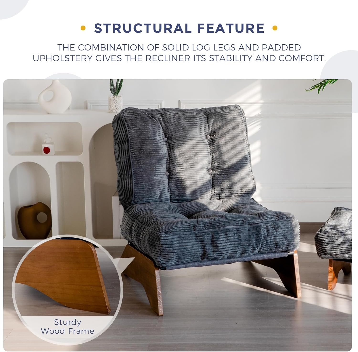 Close-up of the sturdy wooden frame of the accent chair