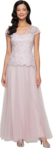 Alex Evenings Women's Long V-Neck Embroidered Mother of The Bride Dress W/Cap Sl