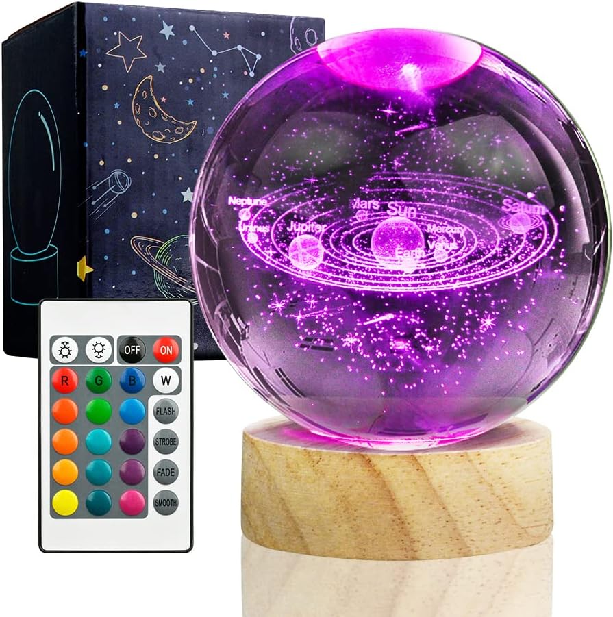 3D Solar System Crystal Ball Night Light with 16 Colors LED Wooden Base, Upgraded 3.15 Inch Galaxy Planets Glass Ball Lamp with Remote Control, Astronomy Space Christmas Gifts (Solar)