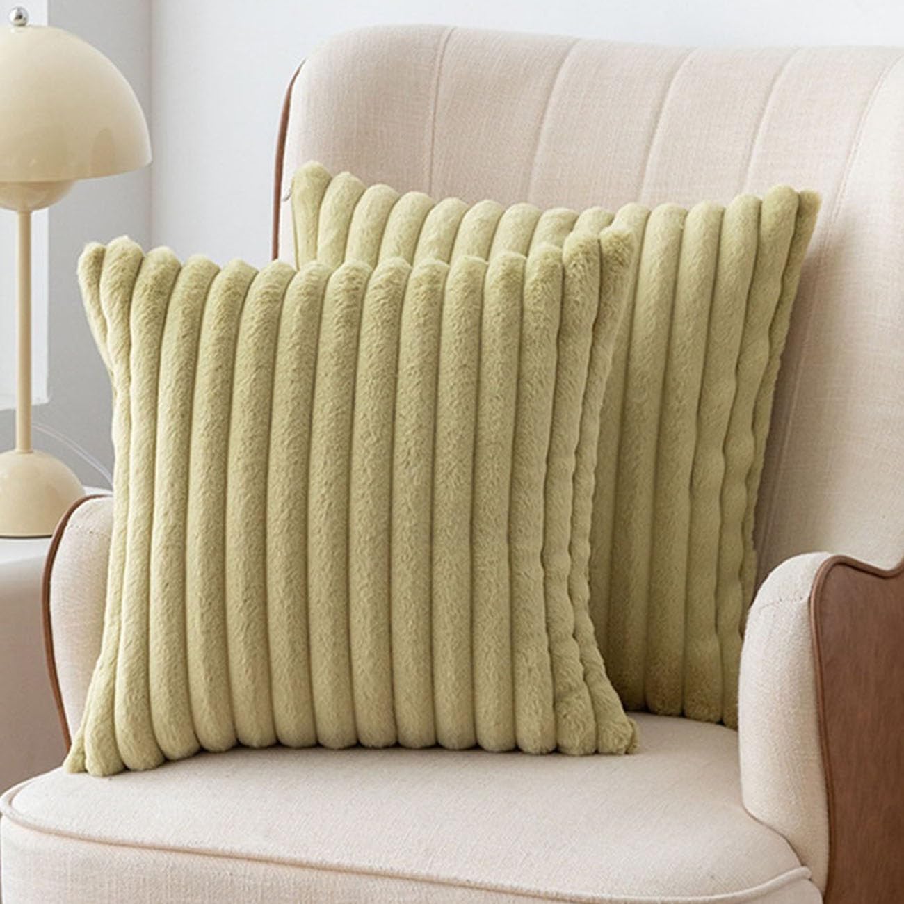 SWJ-swjssb Set Of 2 Faux Fur Plush Throw Pillow Covers 18x18, Fluffy Striped Pillowcase Square Cushion Covers 18 X 18 20x20 Inches For Sofa Couch Bed Pillow Case(Matcha Green,50x50 cm Set of 2)