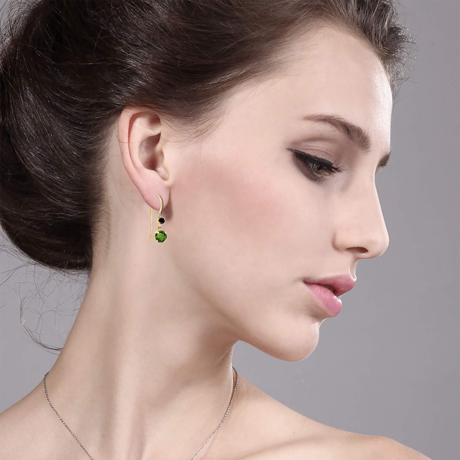 Gem Stone King 14K Yellow Gold Green Chrome Diopside and Black Diamond French Wire Dangle Hook Earrings For Women | 1.13 Cttw | Gemstone Birthstone | Round 5MM and 2.5MM