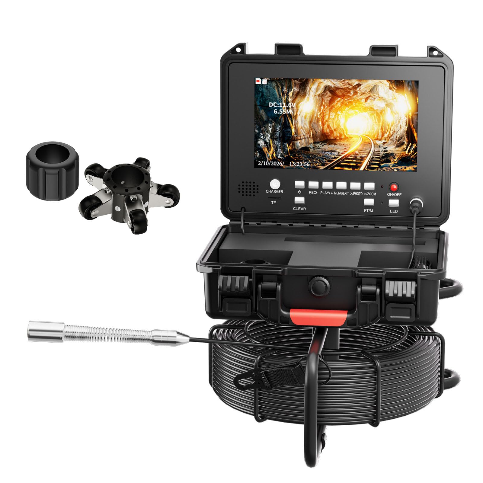Cámara De Inspección De Drenajes DVR 1080P HD,Endoscopio Industrial 9"AHD,Detector De Tuberías,Contador De Metros,Sonda 23mm,12 LED Blancas,Tarjeta 32G Incluida,Cable Negro 5mm,Inspec(Size:20 M/65 FT)