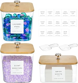POLRAI 3-Pack Acrylic Laundry Pod Containers & Dryer Sheet Holder - 3L Large Capacity with Lids, Labels for Organized Laundry Room
