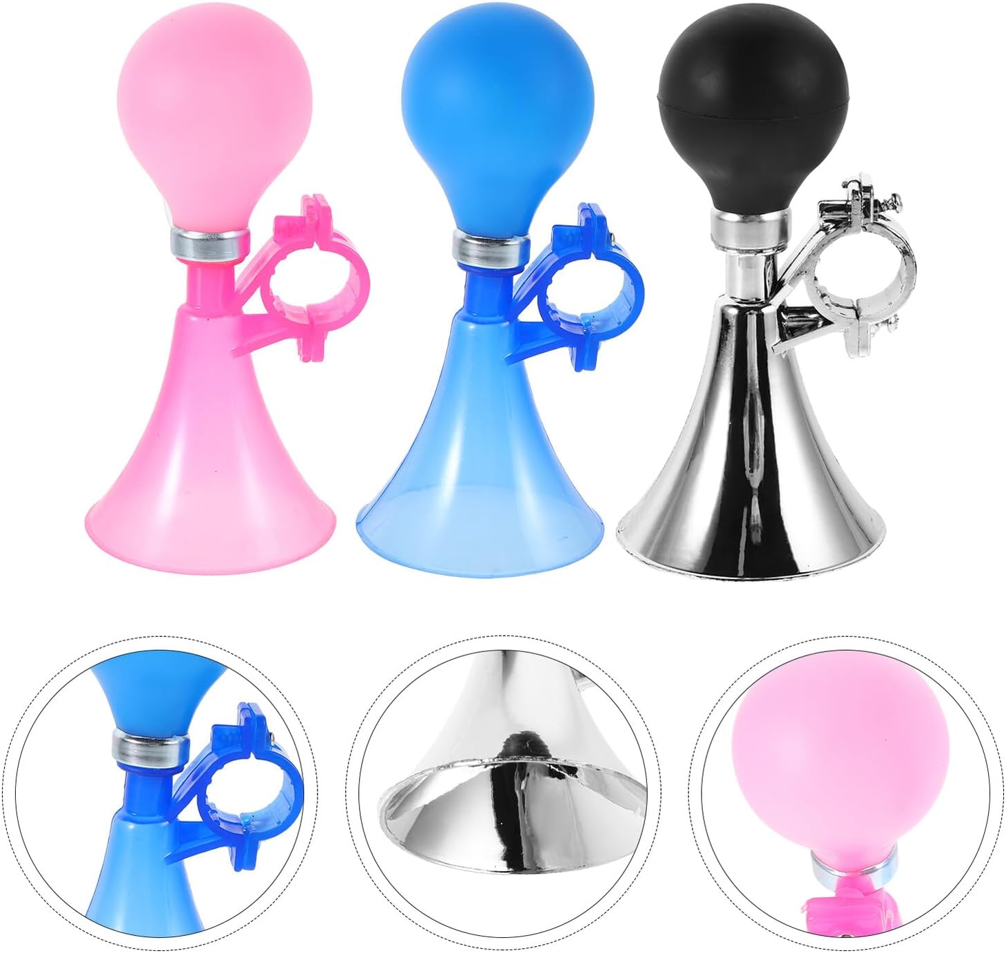6pcs Bike Horn Set, Bike Bugle Horn Air Squeeze Bell with Loud Sound, Suitable for Boys, Bicycle Handlebar Attachment for Cycling and Scooters, Silver Blue Pink