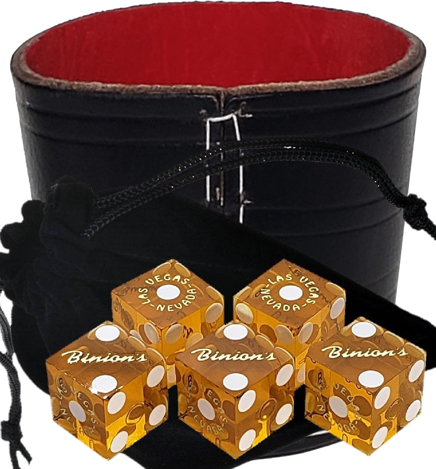 Authentic Casino Dice w/Pouch + Genuine Leather Cup Wide Opening (Red Felt Lining, Las Vegas Binion's Yellow Polished)
