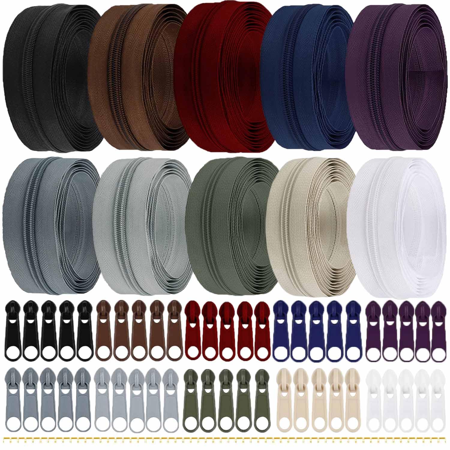 30M 10 Colors Zipper, DIY Open Ended Invisible Zip with 50 Sliders, Zipper Repair Kit for Sewing, Crafting and Bag (10 Dark Colors)