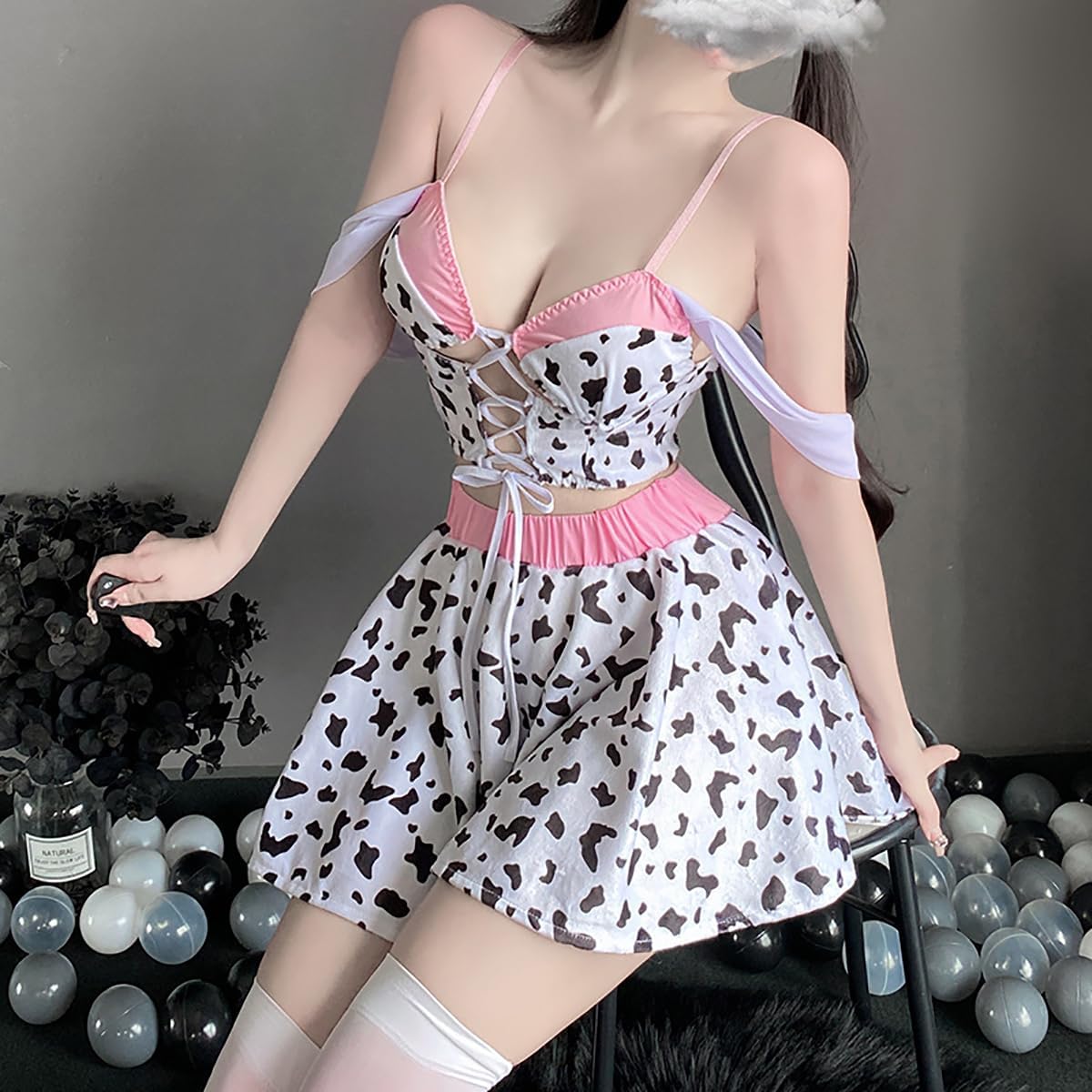 Women's Anime Cow Cosplay Bikini Lolita Kawaii Top And Skirt Set Sexy Maid Lingerie For Women Roleplay Costume
