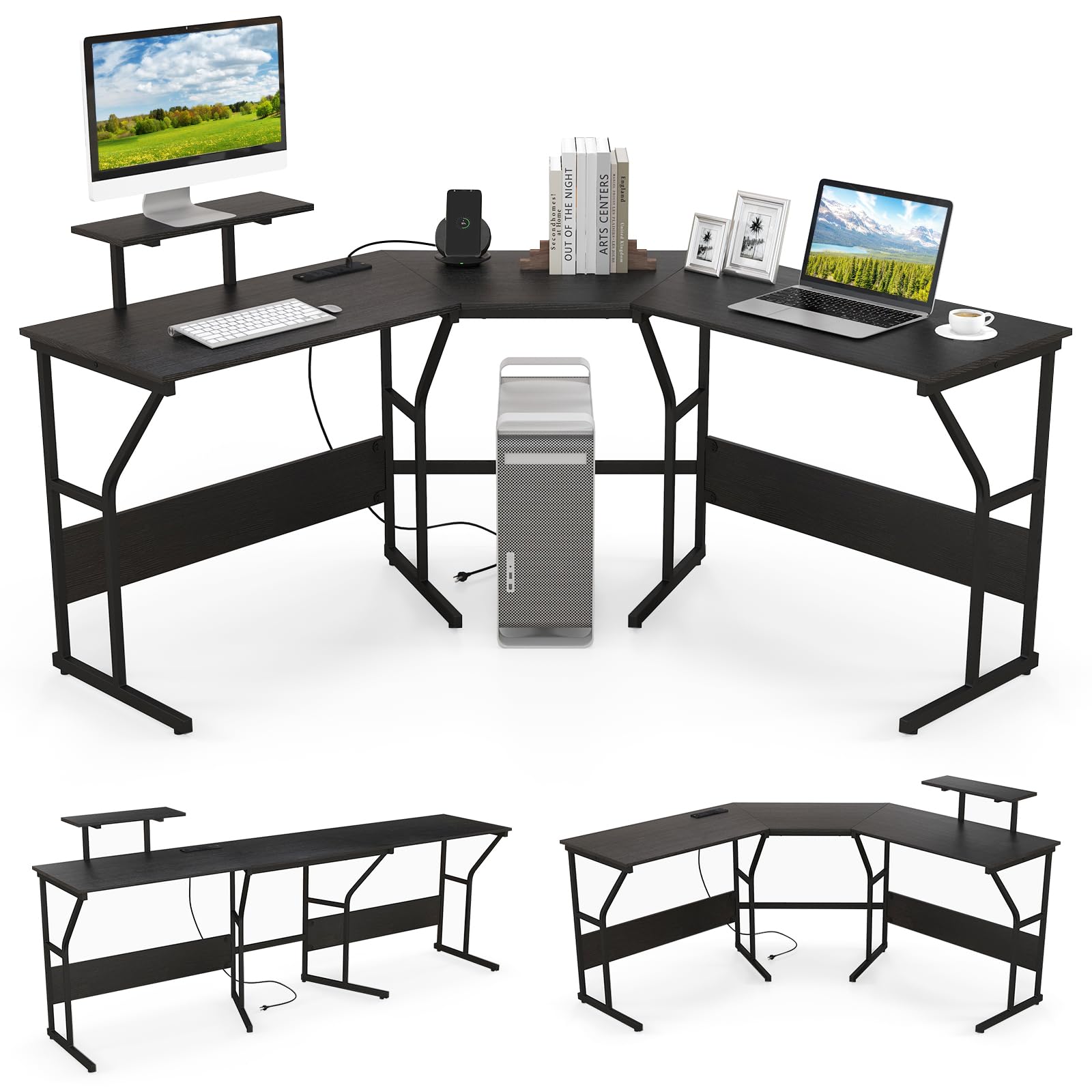 GYMAX Scrivania per Computer a L con Stazione di Ricarica, Tavolo Trasformabile Angolare con Supporto per Monitor, per 2 Persone, Postazione di Lavoro con Telaio in Metallo (Nero)